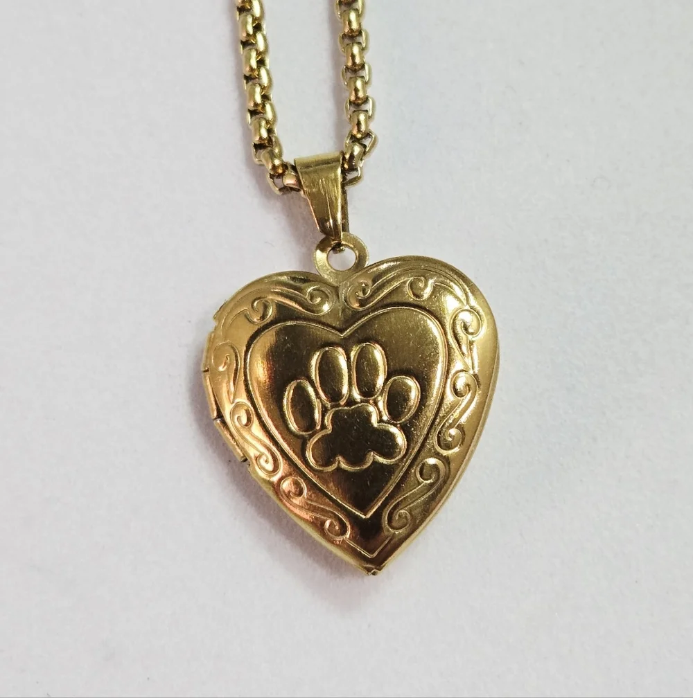 Paw Print Heart Locket Necklace Pet Memorial 18K Gold Plated Stainless Steel